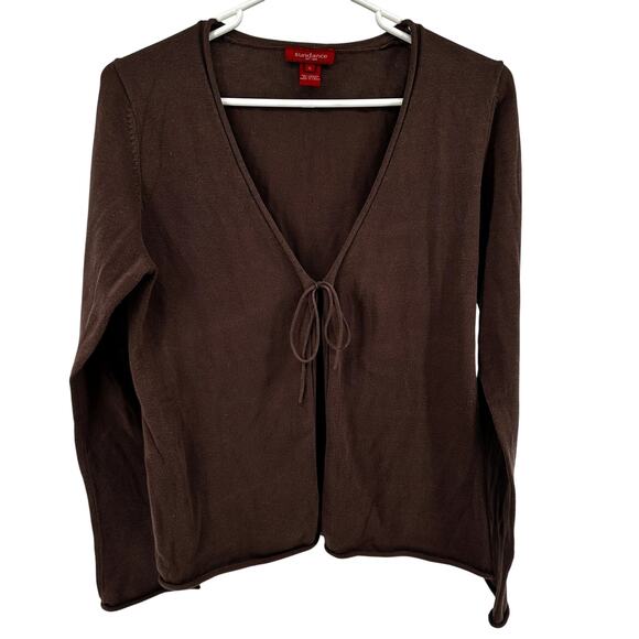 Sundance Cardigan Cotton Sweater Front Tie Long Sleeve V Neck Roll Hem Brown S - Picture 2 of 5
